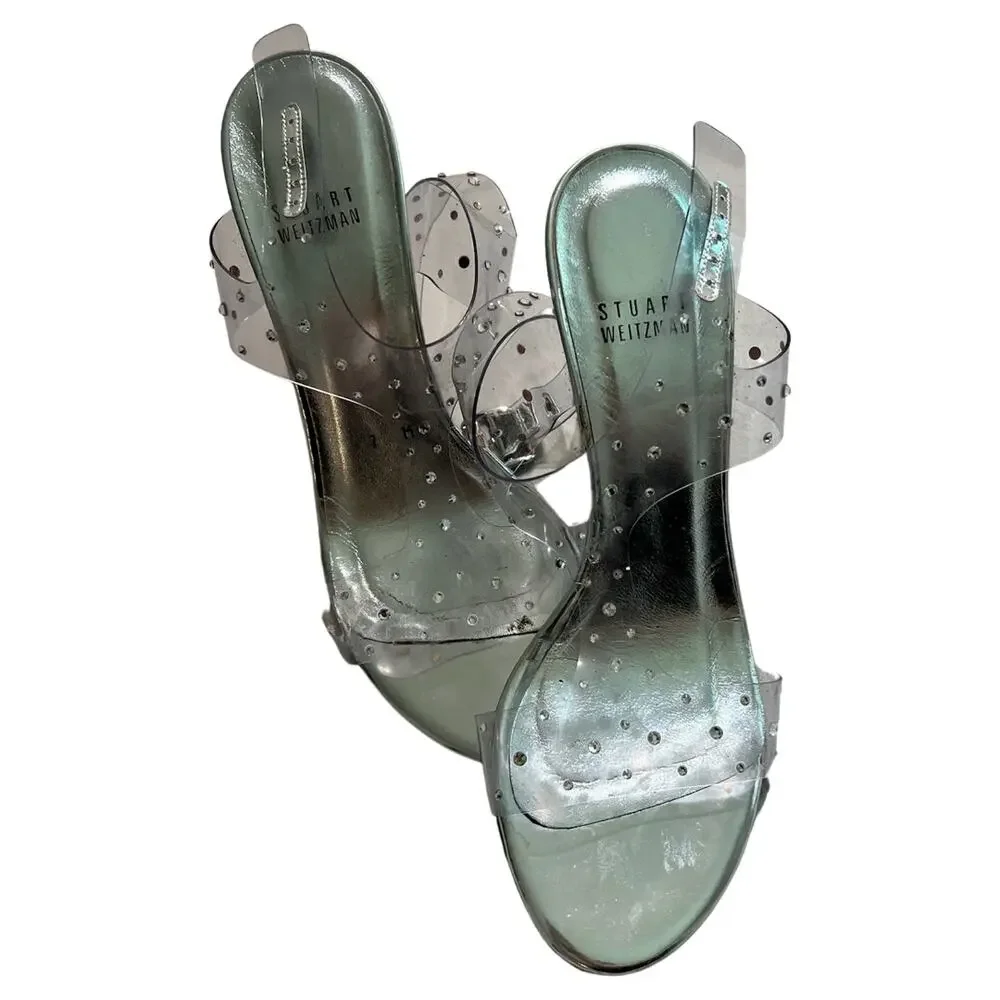 Stuart Weitzman Clear Silver Crystal Embellishments T-Strap Sandal Heels size 7 - Picture 9 of 11